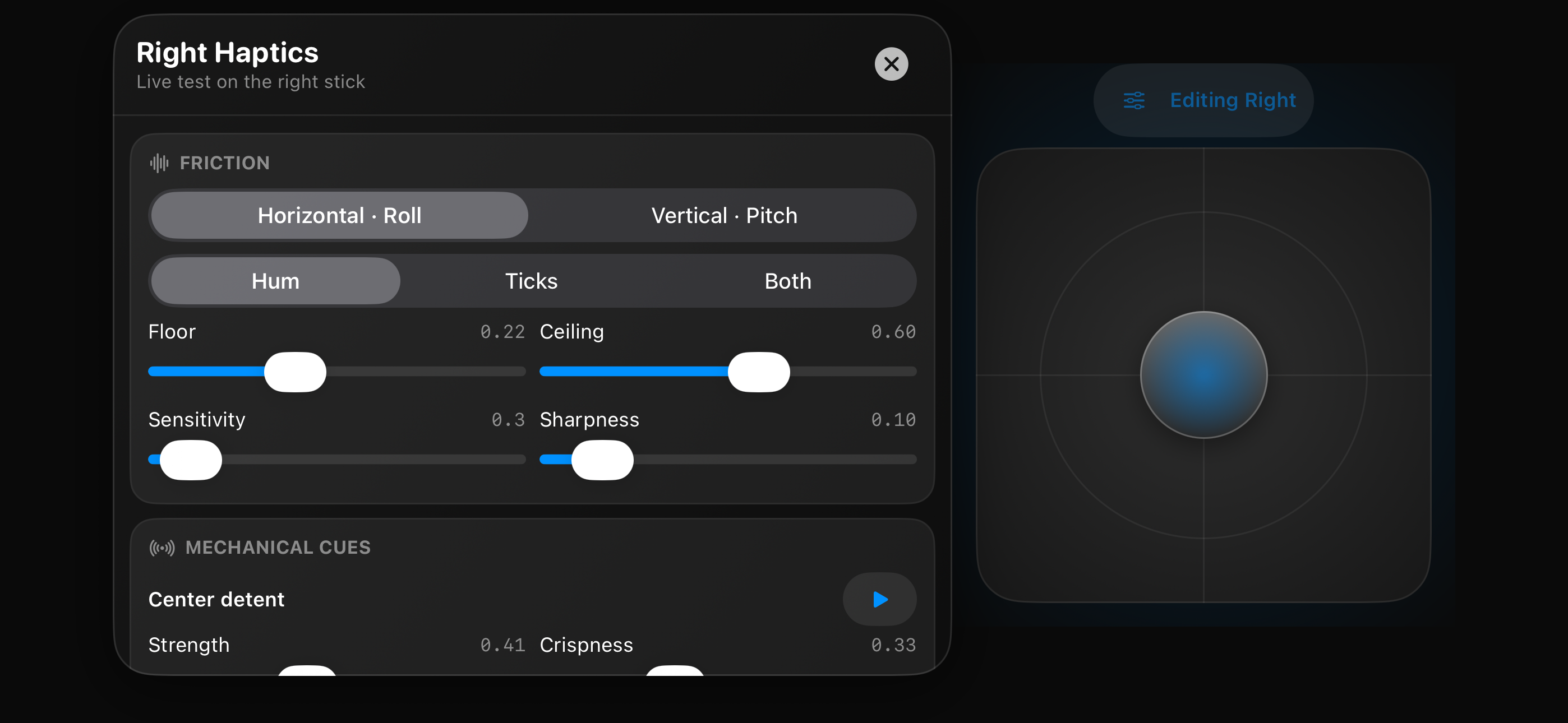 TinyTX's right-stick haptic editor, with friction, sensitivity, sharpness, and center detent controls beside a live blue gimbal.